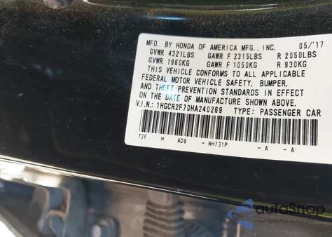 2017 Honda Accord Ex from USA, damaged, VIN 1HGCR2F70HA240269